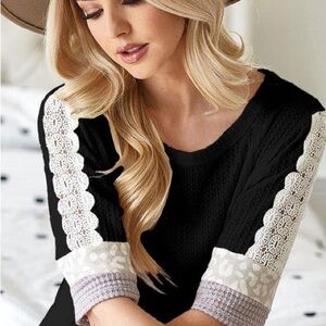 BiBi Black Top with Lace and Patterned Sleeves